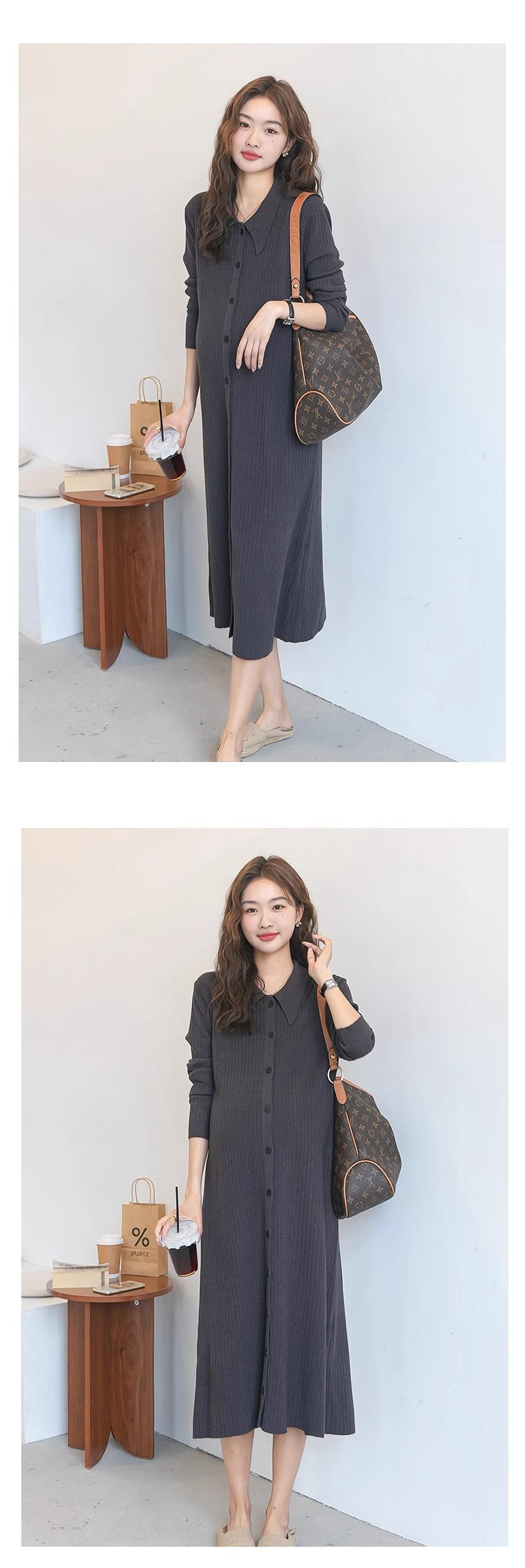 Pregnant women autumn dress 2024 new fashion French sweet doll collar knitted dress