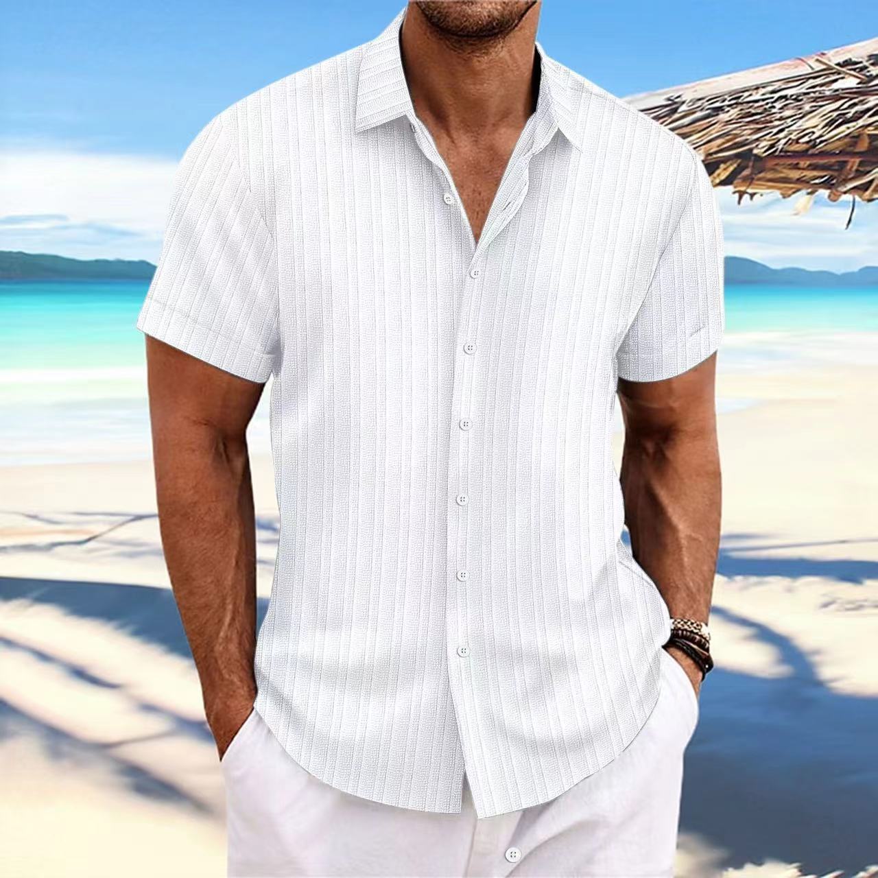 Foreign Trade Cross-border Explosions Amazon New Men's Cotton and Linen Striped Jacquard Sports Casual Loose Short-sleeved Shirt