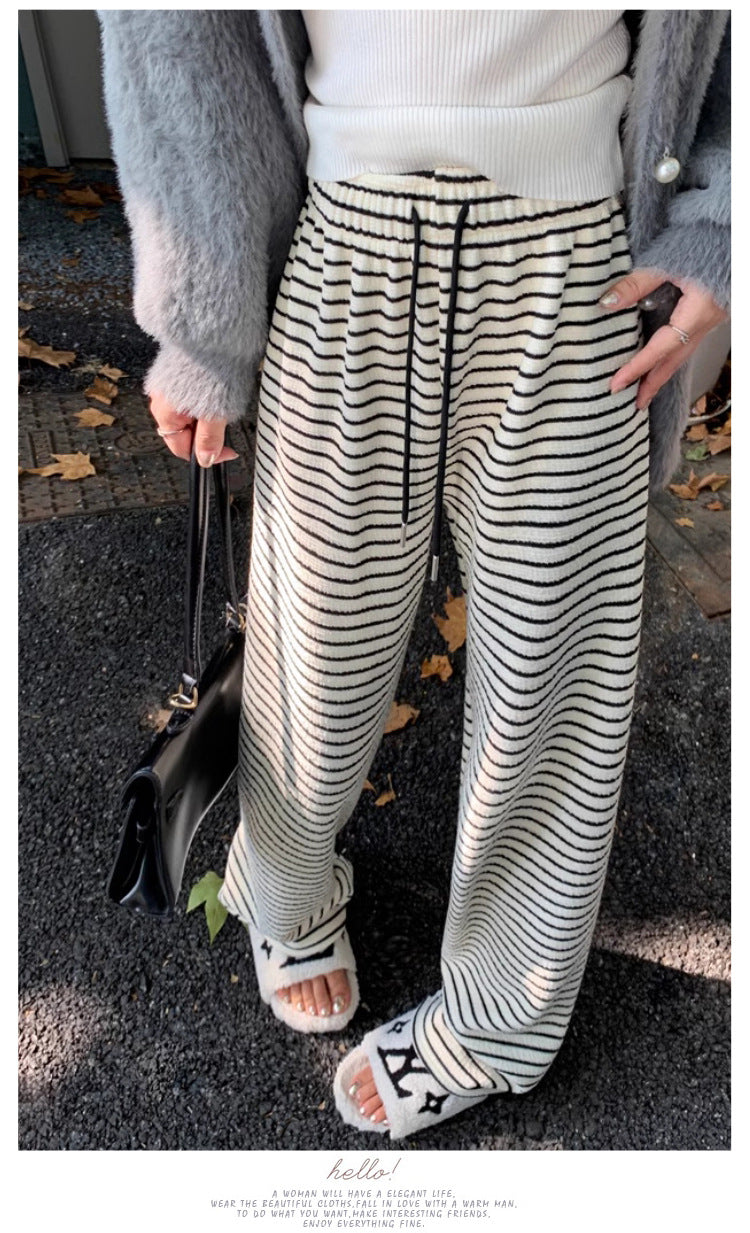 Maternity fleece-lined Black and White Striped Towel Velvet Wide Leg Pants Autumn and Winter New Loose Drawstring Sports Pants Casual Pants