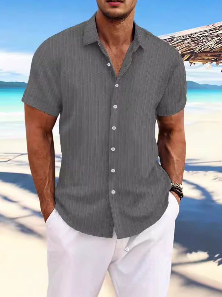 Foreign Trade Cross-border Explosions Amazon New Men's Cotton and Linen Striped Jacquard Sports Casual Loose Short-sleeved Shirt