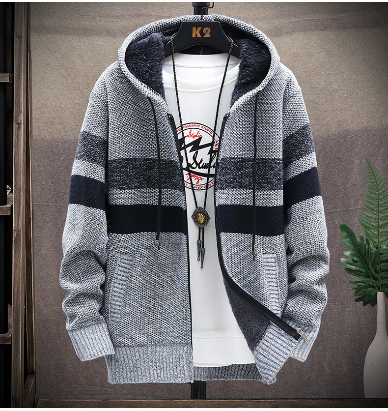 2026 Autumn and Winter New Men's Simple Knit Jacket European and American Style Solid Color Loose Fleece Hooded Cardigan Men's Fashion