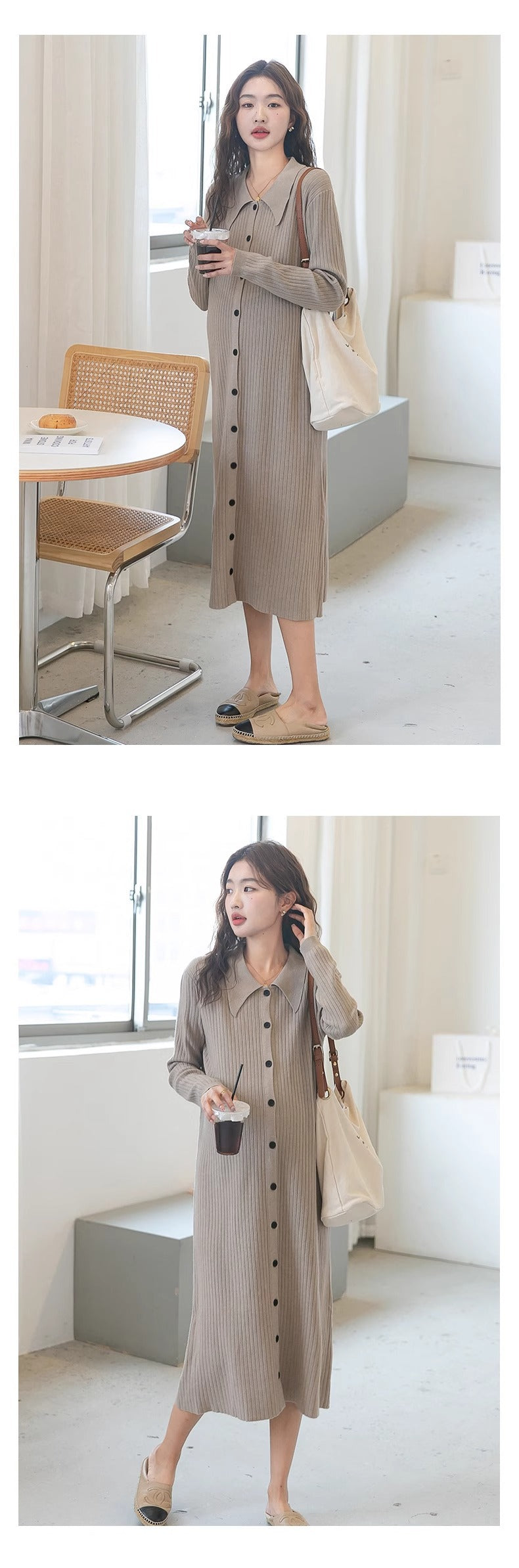 Pregnant women autumn dress 2024 new fashion French sweet doll collar knitted dress
