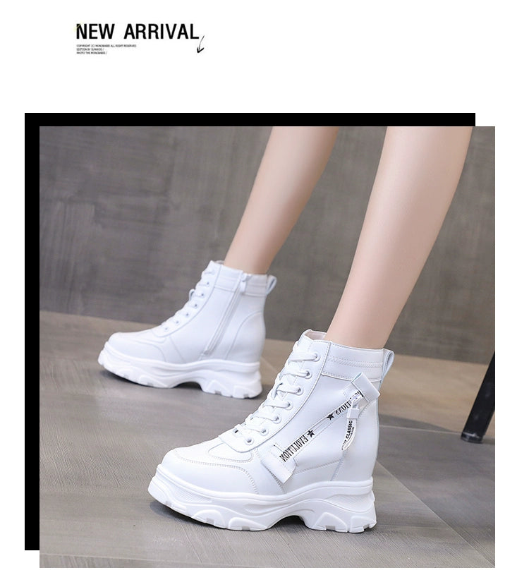 2025 Autumn High Platform Boots 8CM High Heels Women Thick Sole Ankle Shoes Leather Wedge Sneakers Keep Warm Winter Plush Boots