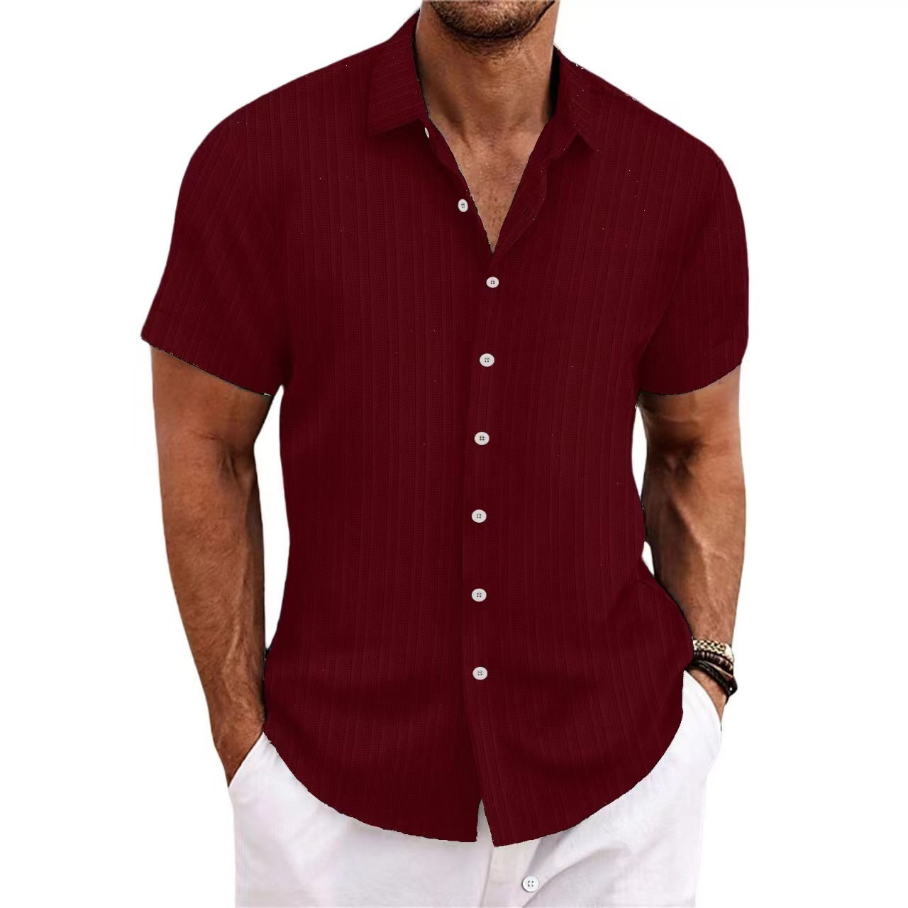 Foreign Trade Cross-border Explosions Amazon New Men's Cotton and Linen Striped Jacquard Sports Casual Loose Short-sleeved Shirt