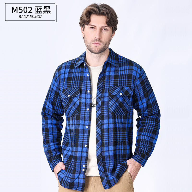 2026 Spring Cross-Border Trade American Retro Flannel Men's Long-Sleeve Brushed Plaid Shirt Men's Cool Jacket