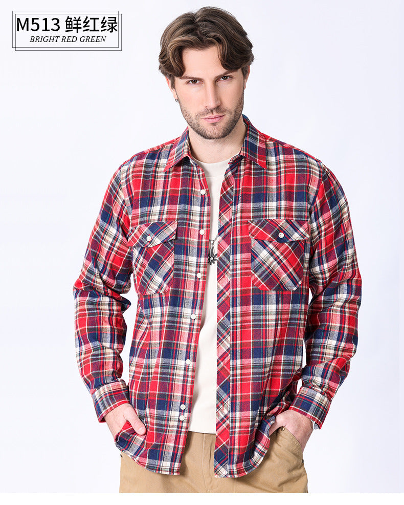 2026 Spring Cross-Border Trade American Retro Flannel Men's Long-Sleeve Brushed Plaid Shirt Men's Cool Jacket