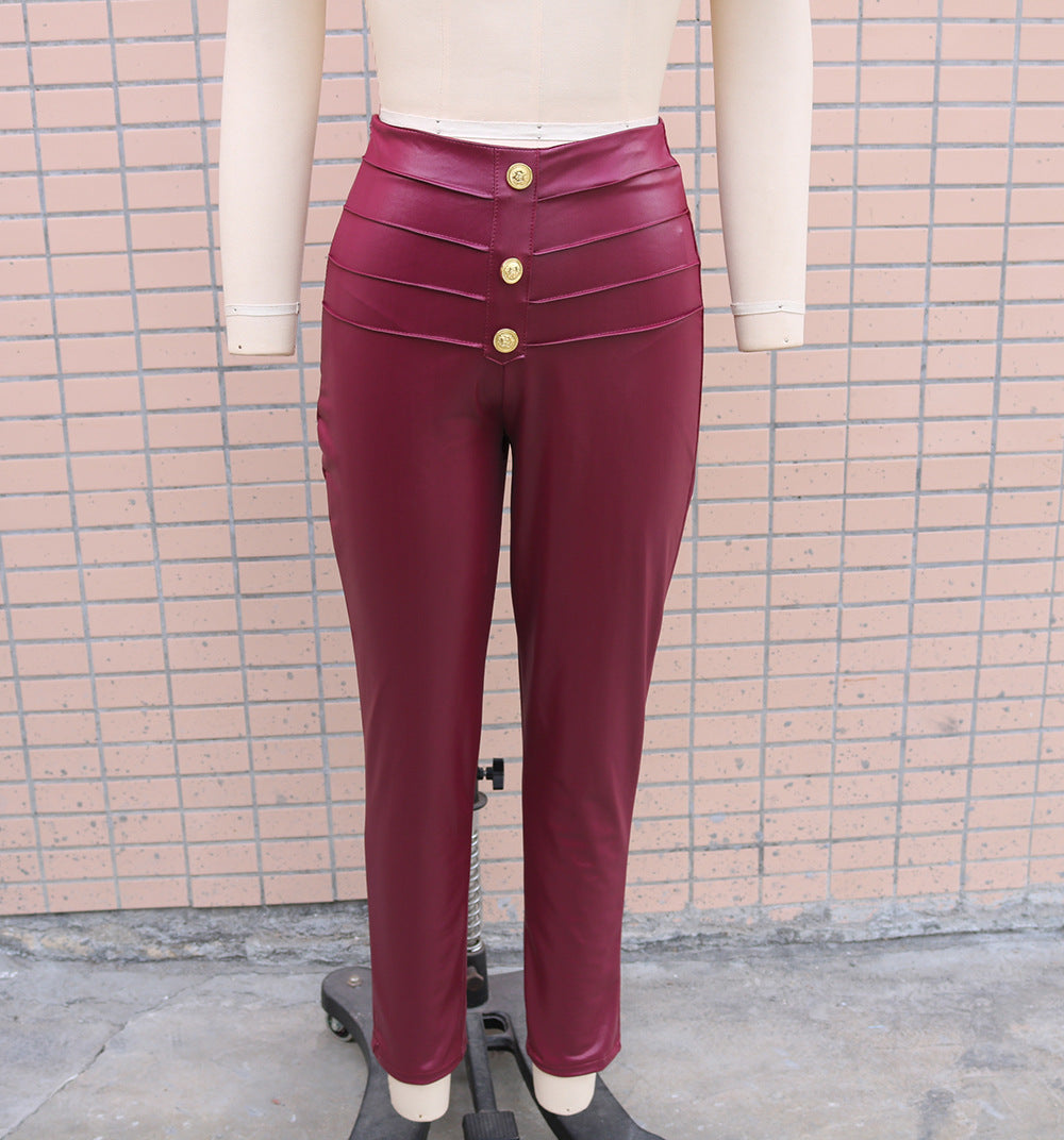 Cross-border independent station foreign trade new 2024 autumn and winter imitation leather button decoration fashion women's feet pencil trousers