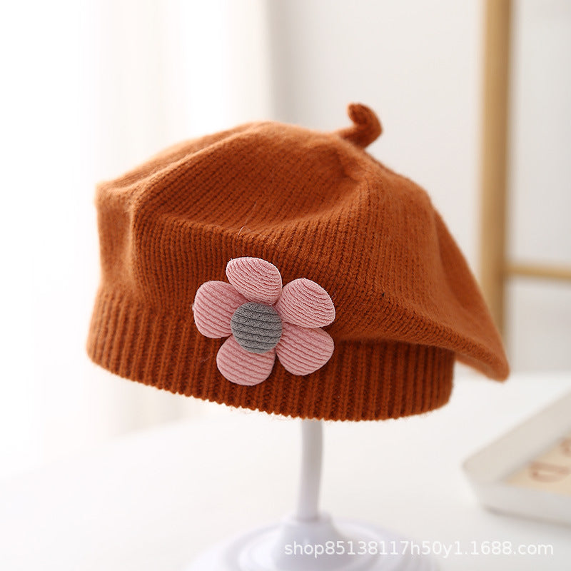 Baby hat autumn and winter baby girls' cute flower beret children's wool hat girls' knitted painter hat fashion