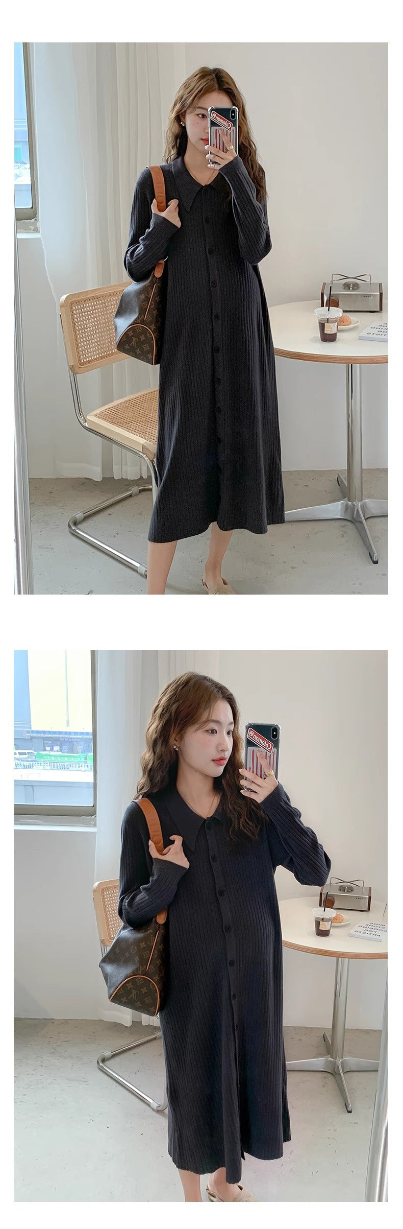 Pregnant women autumn dress 2024 new fashion French sweet doll collar knitted dress