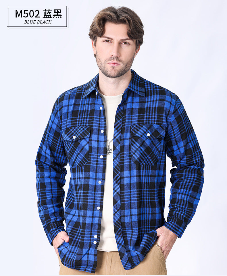 2026 Spring Cross-Border Trade American Retro Flannel Men's Long-Sleeve Brushed Plaid Shirt Men's Cool Jacket