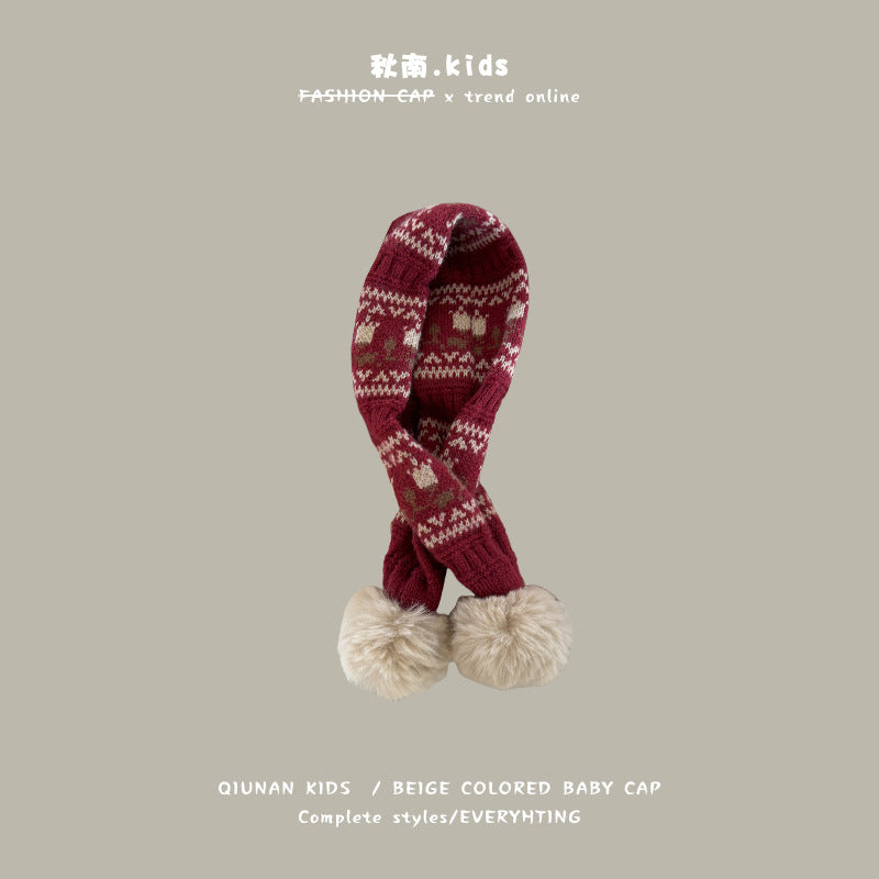 Qiunan Kidsren's Scarf Red New Year's Christmas Festive Warm Knitted Scarf Winter Windproof Neck Cover for Boys and Girls