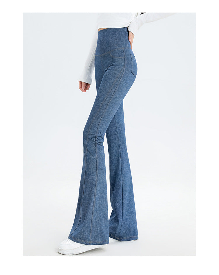 2024 New Imitation Denim Shark Pants Women's Outerwear Leggings Slightly Flared Pants Tummy Control Flared Pants Thin Yoga Pants