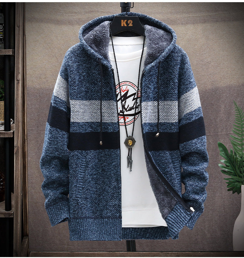 2026 Autumn and Winter New Men's Simple Knit Jacket European and American Style Solid Color Loose Fleece Hooded Cardigan Men's Fashion
