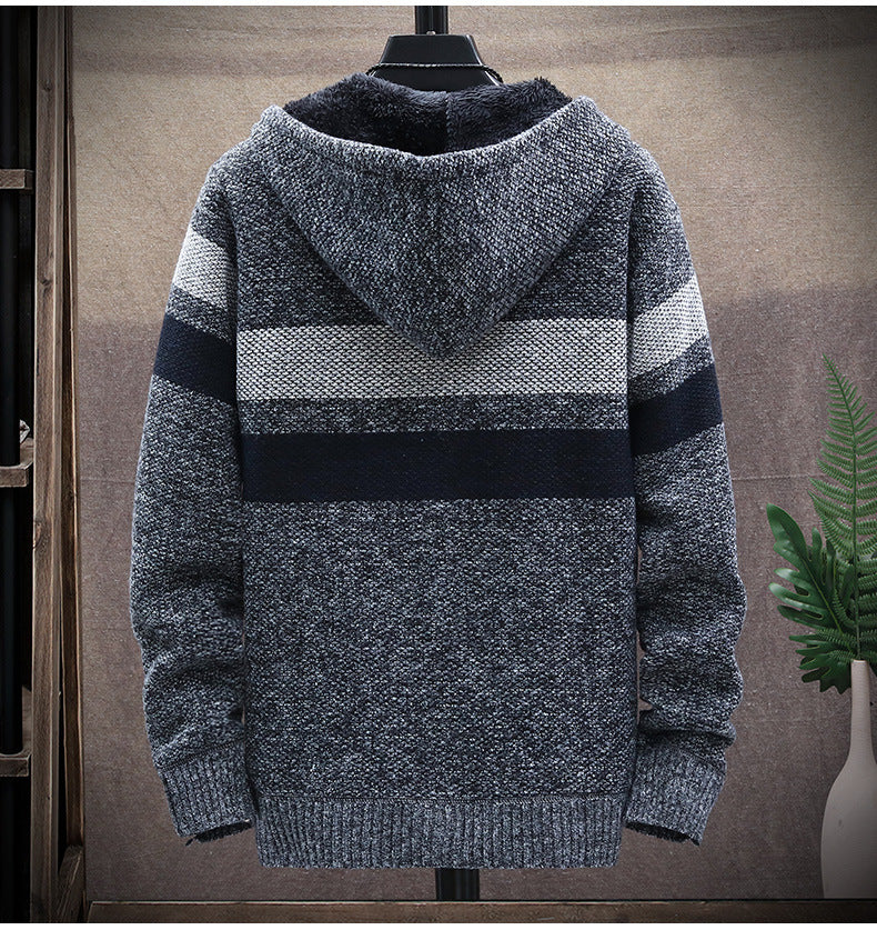 2026 Autumn and Winter New Men's Simple Knit Jacket European and American Style Solid Color Loose Fleece Hooded Cardigan Men's Fashion