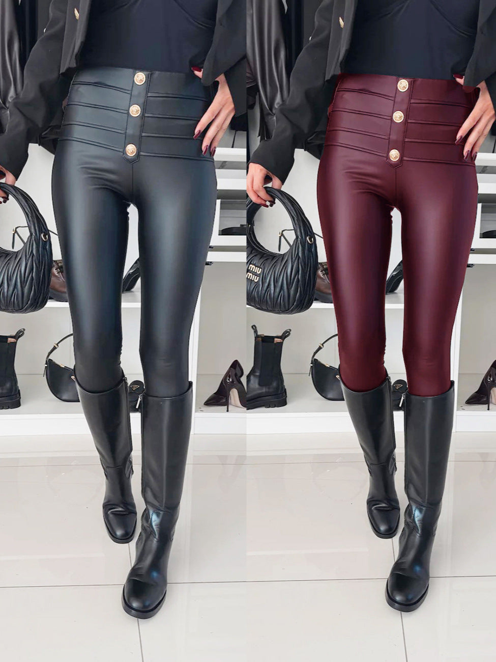 Cross-border independent station foreign trade new 2024 autumn and winter imitation leather button decoration fashion women's feet pencil trousers