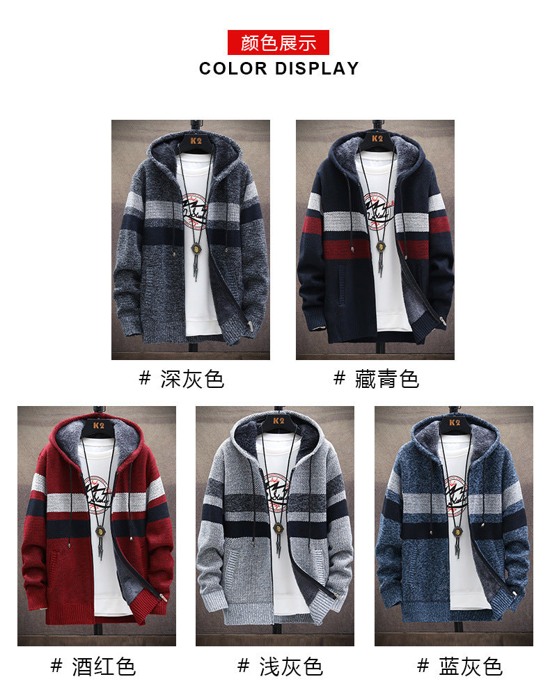 2026 Autumn and Winter New Men's Simple Knit Jacket European and American Style Solid Color Loose Fleece Hooded Cardigan Men's Fashion