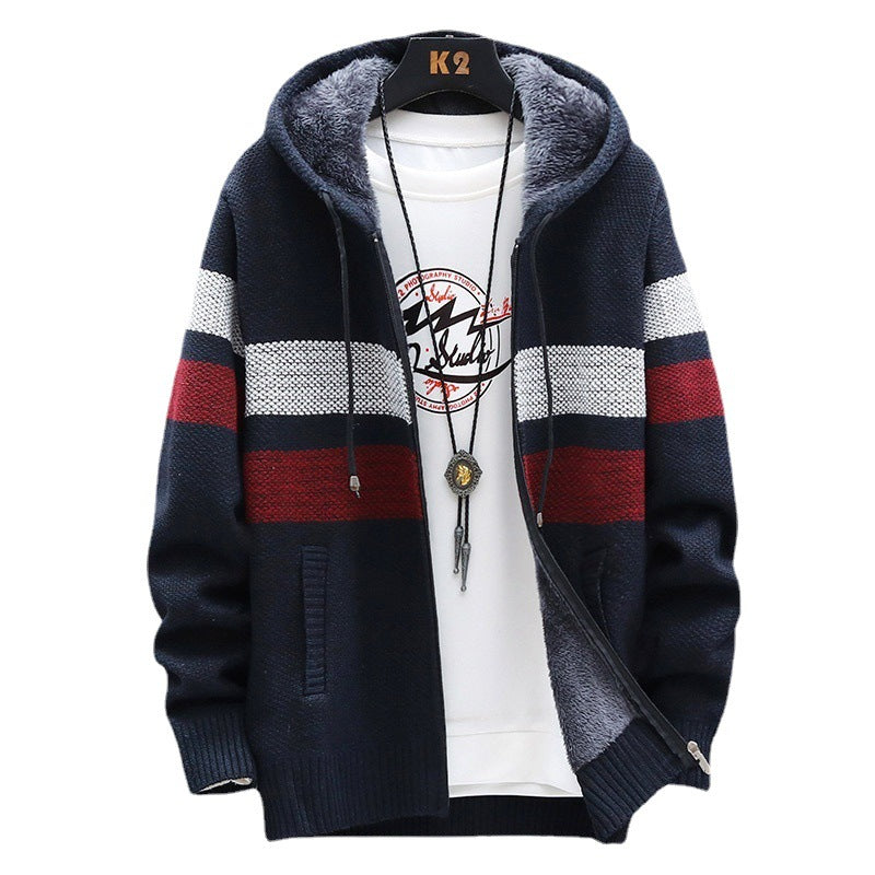 2026 Autumn and Winter New Men's Simple Knit Jacket European and American Style Solid Color Loose Fleece Hooded Cardigan Men's Fashion