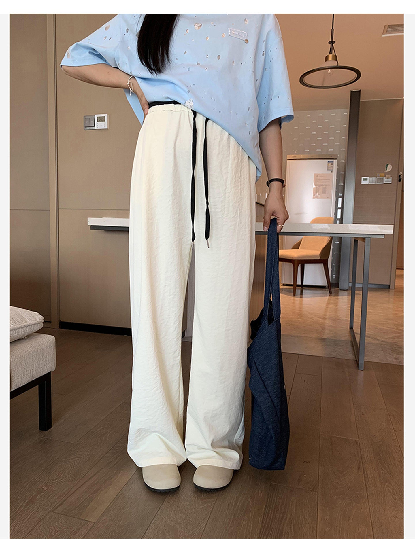 Spring and Summer Pregnant Women's Drawstring Ice Silk Wide Leg Pants Pregnant Women's Summer Thin Texture Sense Dipping Yamamoto Pants Casual Small