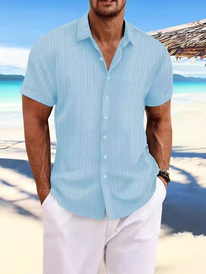 Foreign Trade Cross-border Explosions Amazon New Men's Cotton and Linen Striped Jacquard Sports Casual Loose Short-sleeved Shirt