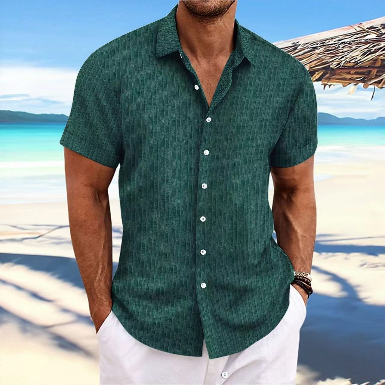 Foreign Trade Cross-border Explosions Amazon New Men's Cotton and Linen Striped Jacquard Sports Casual Loose Short-sleeved Shirt