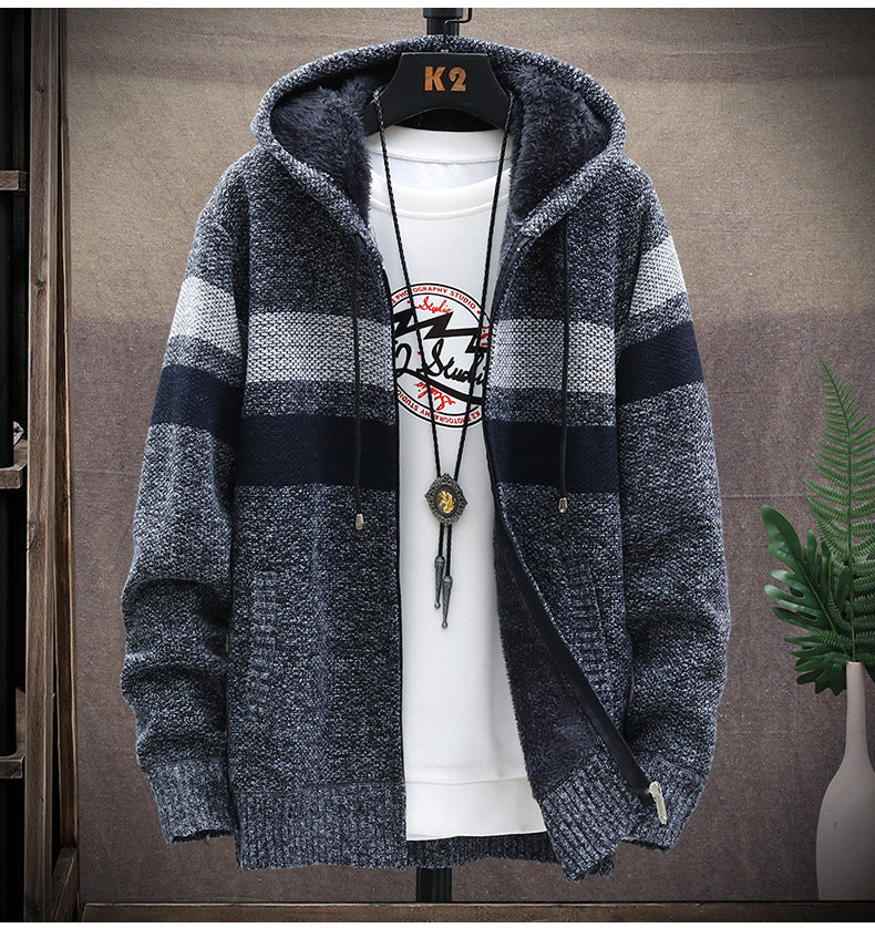 2026 Autumn and Winter New Men's Simple Knit Jacket European and American Style Solid Color Loose Fleece Hooded Cardigan Men's Fashion