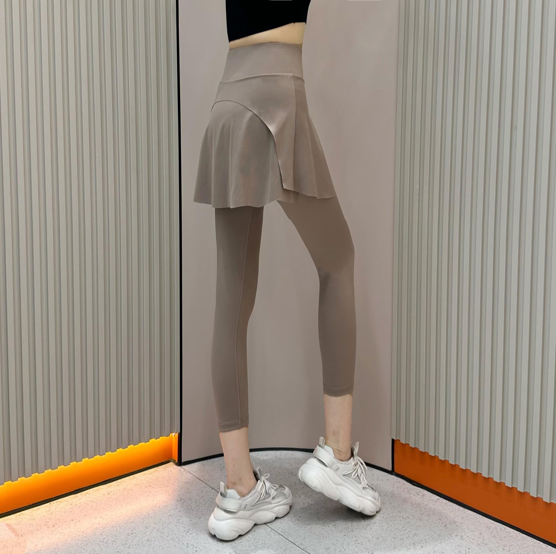 Summer New High Waist Capri Pants Pocket Belly-closed Culottes Fashion Sports Fake Two-piece Running Fitness Outer Wear Yoga
