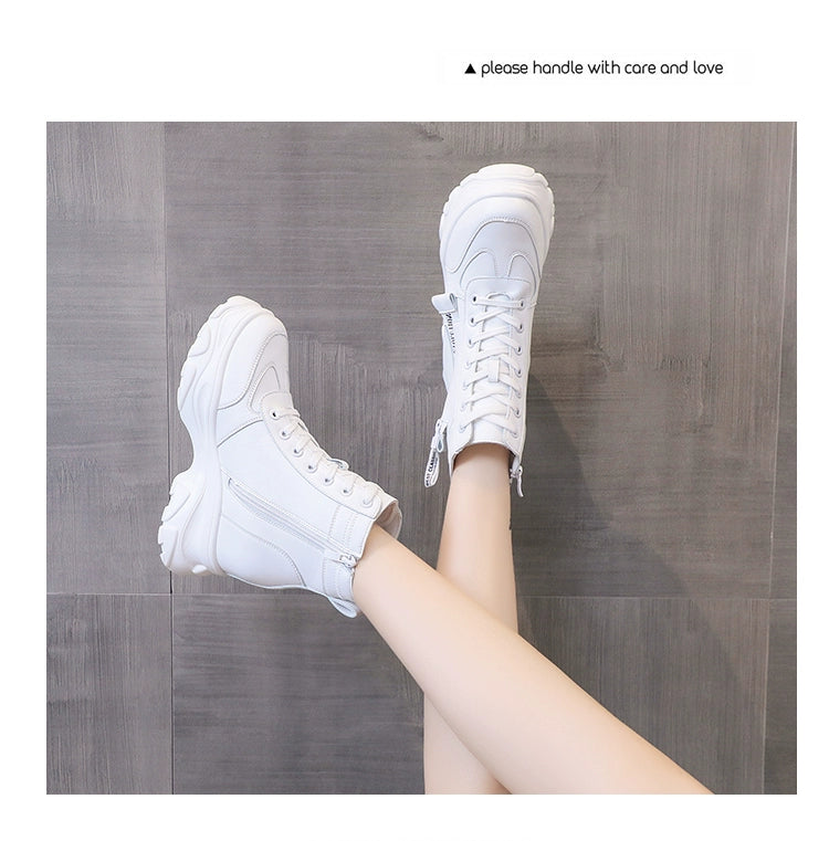 2025 Autumn High Platform Boots 8CM High Heels Women Thick Sole Ankle Shoes Leather Wedge Sneakers Keep Warm Winter Plush Boots