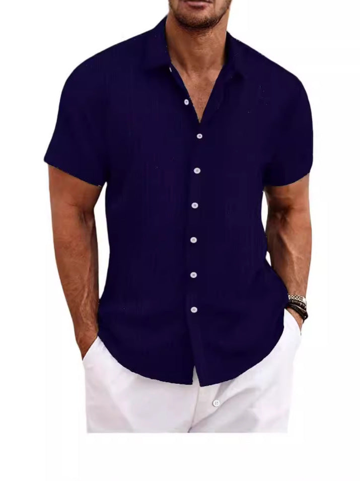 Foreign Trade Cross-border Explosions Amazon New Men's Cotton and Linen Striped Jacquard Sports Casual Loose Short-sleeved Shirt