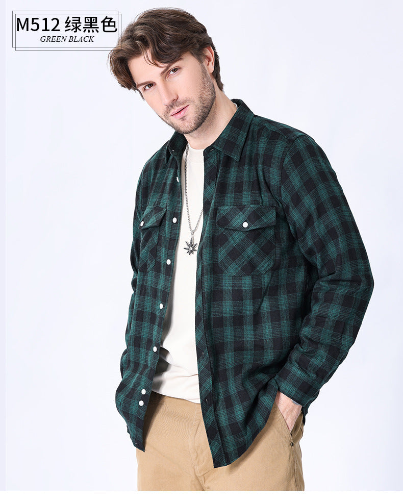 2026 Spring Cross-Border Trade American Retro Flannel Men's Long-Sleeve Brushed Plaid Shirt Men's Cool Jacket