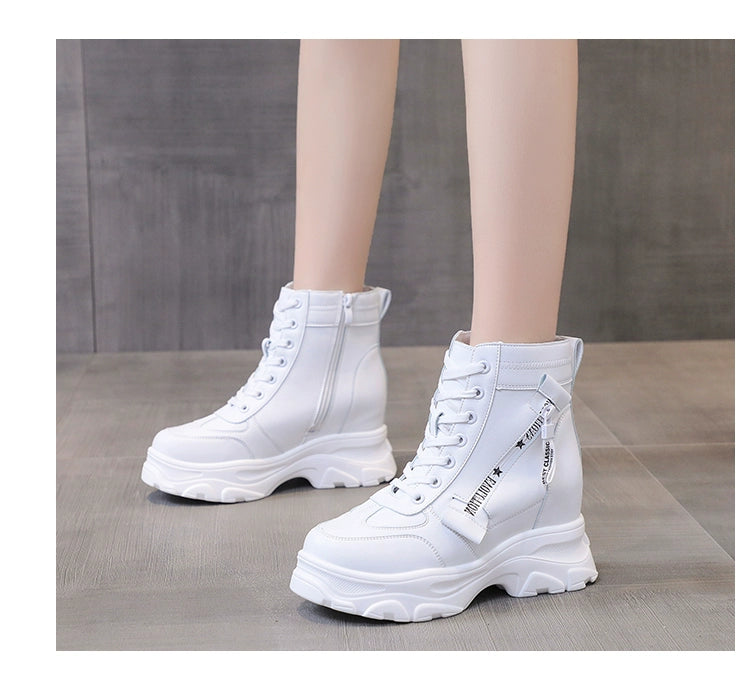 2025 Autumn High Platform Boots 8CM High Heels Women Thick Sole Ankle Shoes Leather Wedge Sneakers Keep Warm Winter Plush Boots