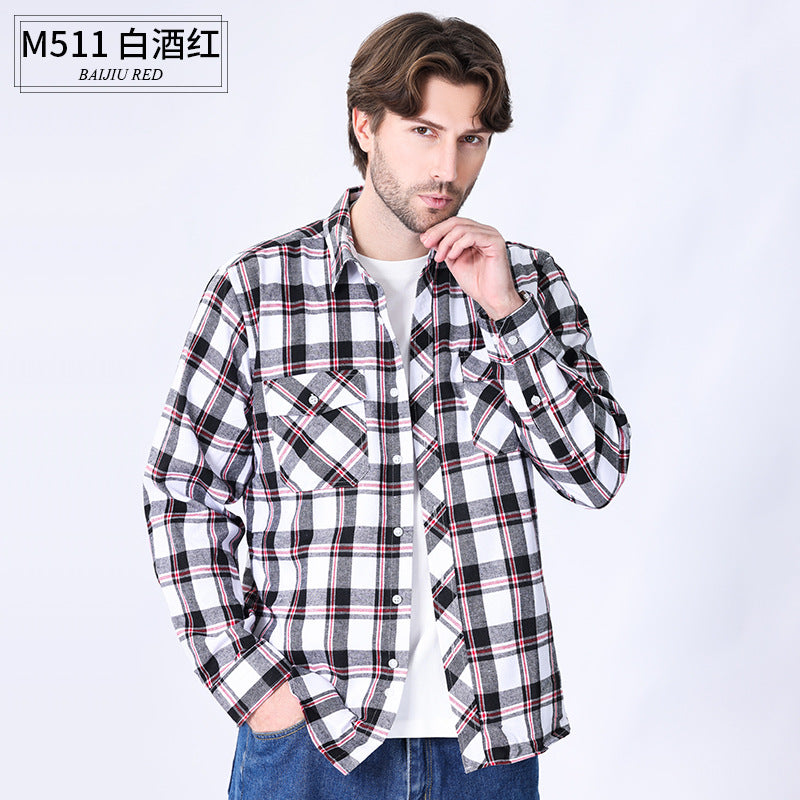 2026 Spring Cross-Border Trade American Retro Flannel Men's Long-Sleeve Brushed Plaid Shirt Men's Cool Jacket