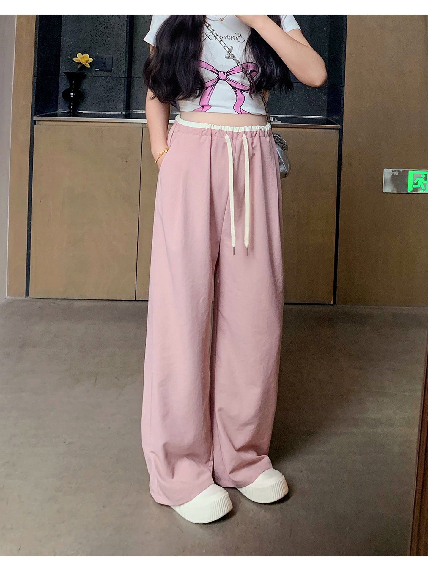 Spring and Summer Pregnant Women's Drawstring Ice Silk Wide Leg Pants Pregnant Women's Summer Thin Texture Sense Dipping Yamamoto Pants Casual Small
