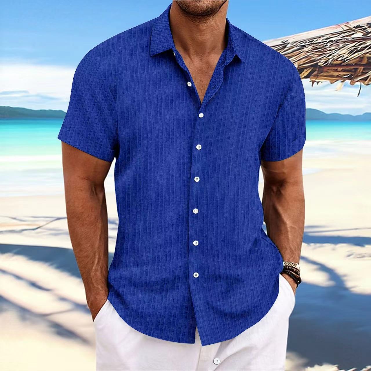 Foreign Trade Cross-border Explosions Amazon New Men's Cotton and Linen Striped Jacquard Sports Casual Loose Short-sleeved Shirt