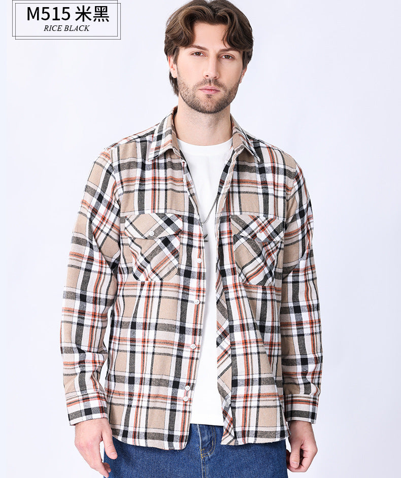 2026 Spring Cross-Border Trade American Retro Flannel Men's Long-Sleeve Brushed Plaid Shirt Men's Cool Jacket