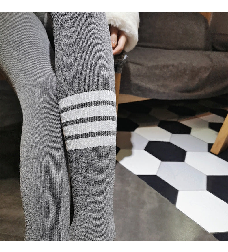 Tb New Autumn and Winter Terry Leggings for Women to Wear as Outerwear, Thin, Faded, Butt-Lifting, Four-Stripes Knitted Elastic Tight-Fitting Pants