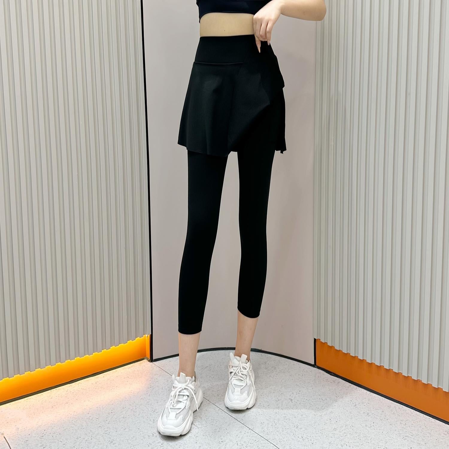 Summer New High Waist Capri Pants Pocket Belly-closed Culottes Fashion Sports Fake Two-piece Running Fitness Outer Wear Yoga