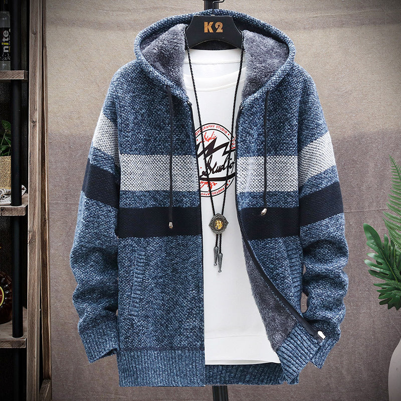 2026 Autumn and Winter New Men's Simple Knit Jacket European and American Style Solid Color Loose Fleece Hooded Cardigan Men's Fashion