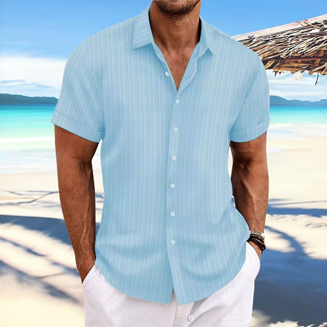 Foreign Trade Cross-border Explosions Amazon New Men's Cotton and Linen Striped Jacquard Sports Casual Loose Short-sleeved Shirt