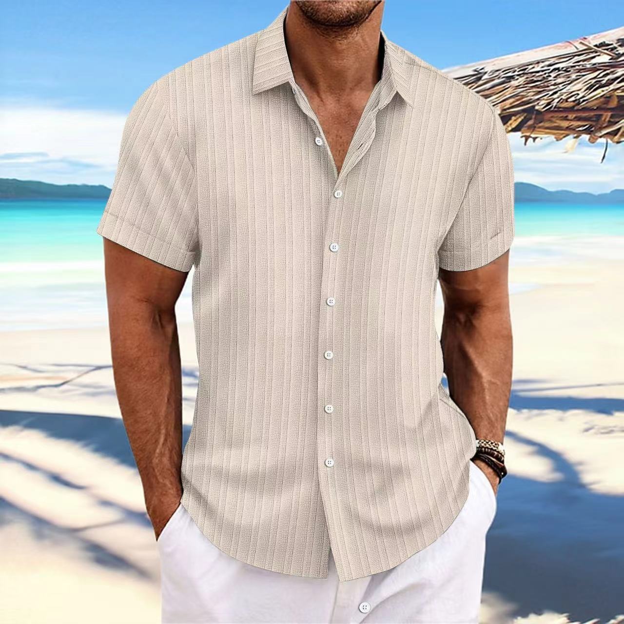 Foreign Trade Cross-border Explosions Amazon New Men's Cotton and Linen Striped Jacquard Sports Casual Loose Short-sleeved Shirt
