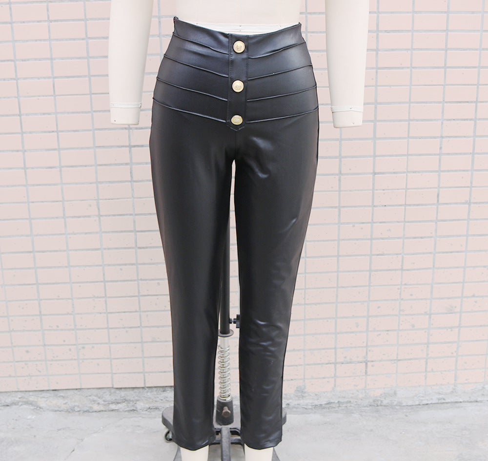 Cross-border independent station foreign trade new 2024 autumn and winter imitation leather button decoration fashion women's feet pencil trousers