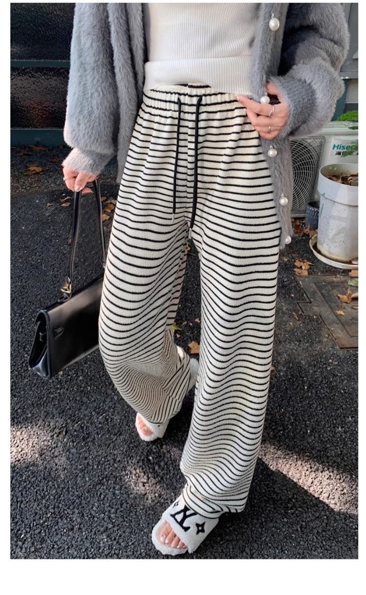 Maternity fleece-lined Black and White Striped Towel Velvet Wide Leg Pants Autumn and Winter New Loose Drawstring Sports Pants Casual Pants