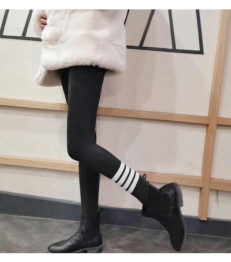 Tb New Autumn and Winter Terry Leggings for Women to Wear as Outerwear, Thin, Faded, Butt-Lifting, Four-Stripes Knitted Elastic Tight-Fitting Pants