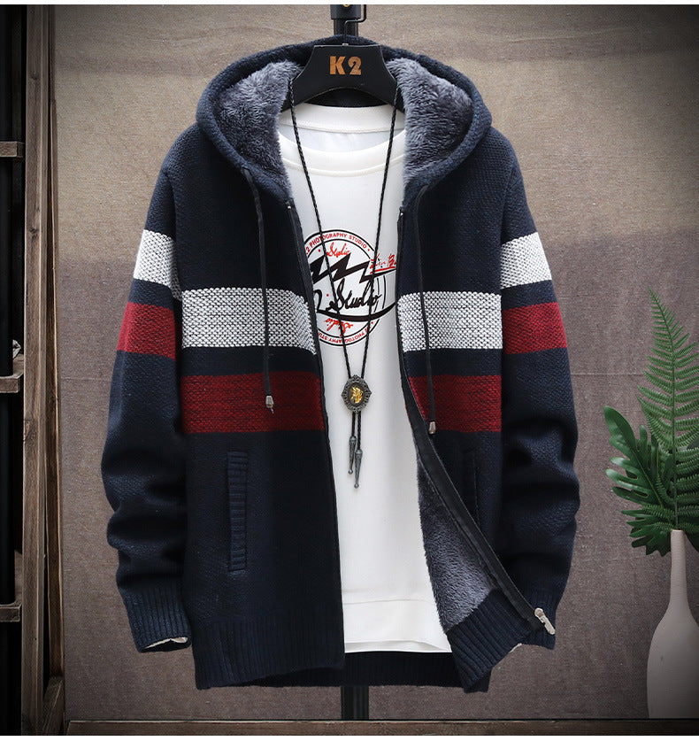 2026 Autumn and Winter New Men's Simple Knit Jacket European and American Style Solid Color Loose Fleece Hooded Cardigan Men's Fashion