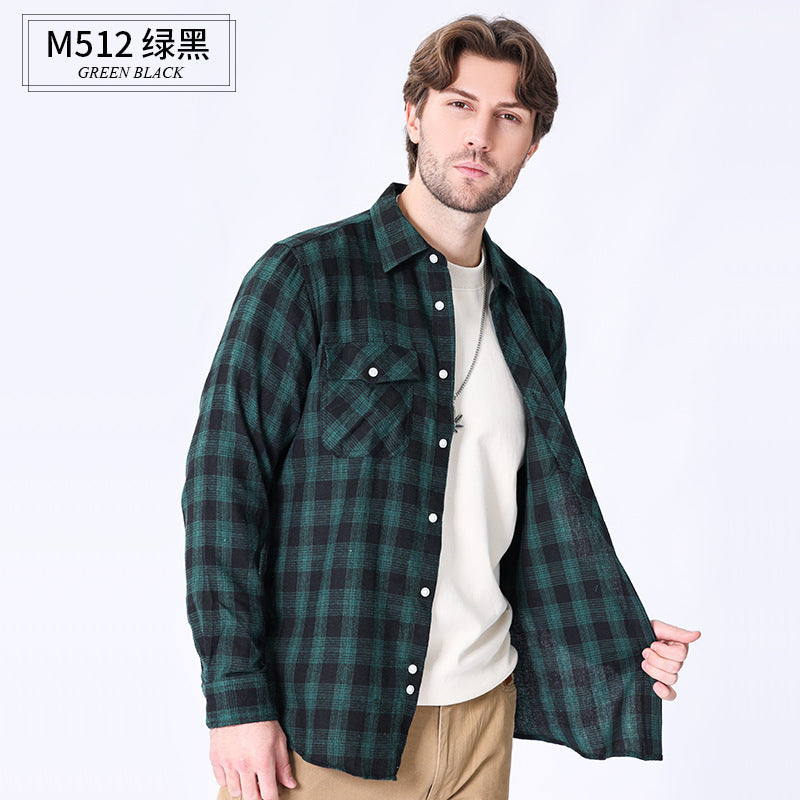 2026 Spring Cross-Border Trade American Retro Flannel Men's Long-Sleeve Brushed Plaid Shirt Men's Cool Jacket