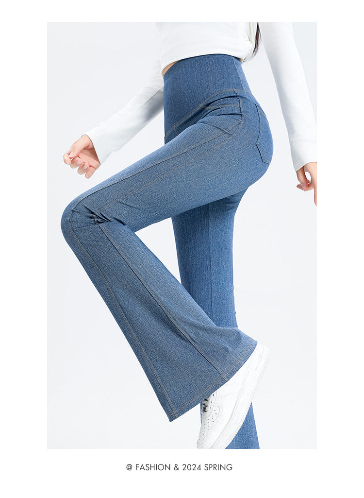 2024 New Imitation Denim Shark Pants Women's Outerwear Leggings Slightly Flared Pants Tummy Control Flared Pants Thin Yoga Pants