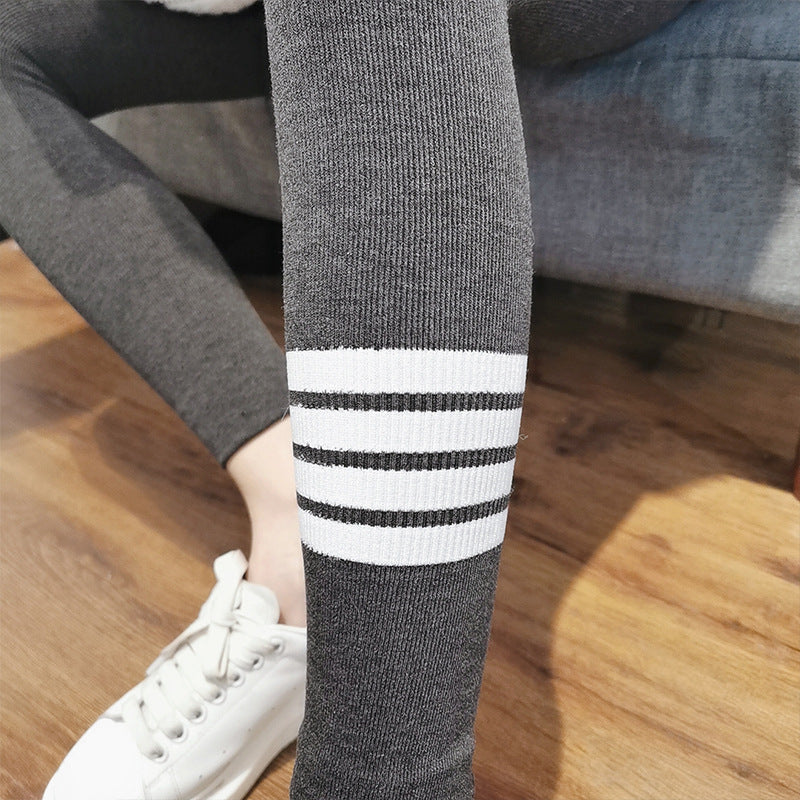 Tb New Autumn and Winter Terry Leggings for Women to Wear as Outerwear, Thin, Faded, Butt-Lifting, Four-Stripes Knitted Elastic Tight-Fitting Pants