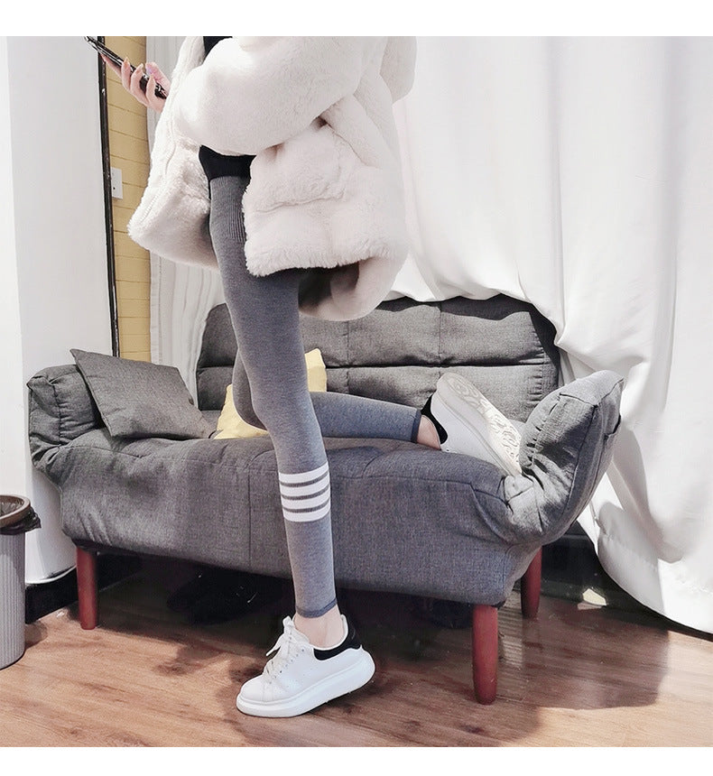 Tb New Autumn and Winter Terry Leggings for Women to Wear as Outerwear, Thin, Faded, Butt-Lifting, Four-Stripes Knitted Elastic Tight-Fitting Pants