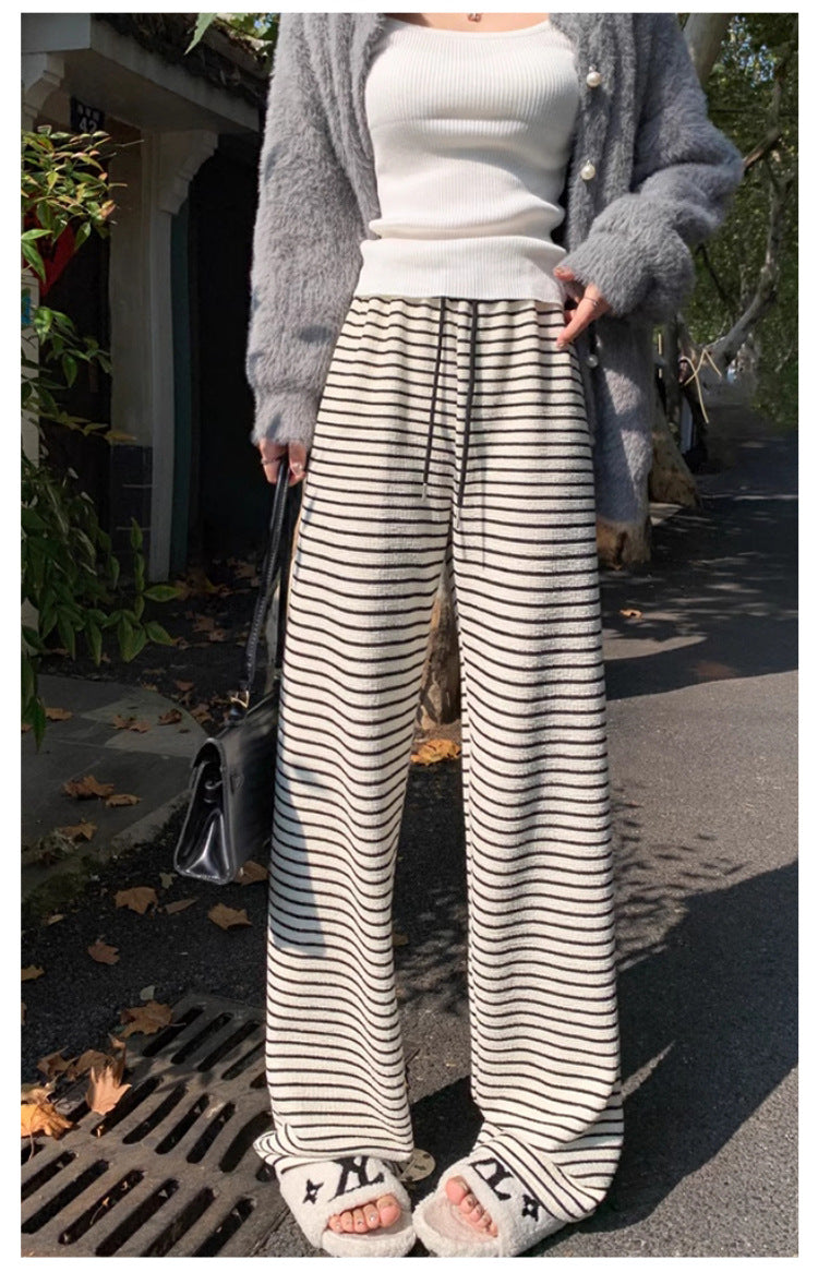 Maternity fleece-lined Black and White Striped Towel Velvet Wide Leg Pants Autumn and Winter New Loose Drawstring Sports Pants Casual Pants