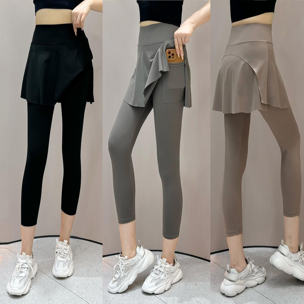 Summer New High Waist Capri Pants Pocket Belly-closed Culottes Fashion Sports Fake Two-piece Running Fitness Outer Wear Yoga