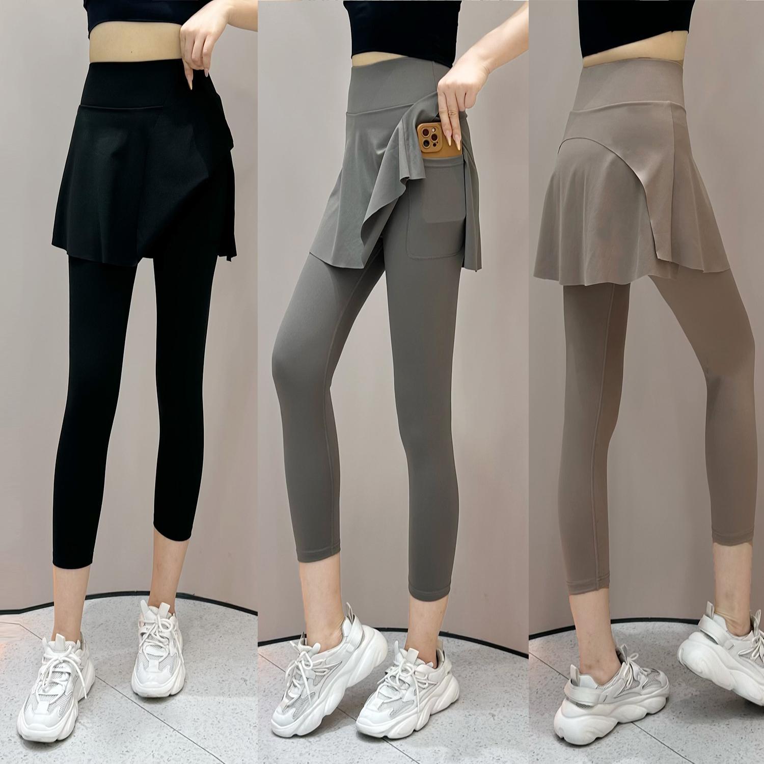 Summer New High Waist Capri Pants Pocket Belly-closed Culottes Fashion Sports Fake Two-piece Running Fitness Outer Wear Yoga